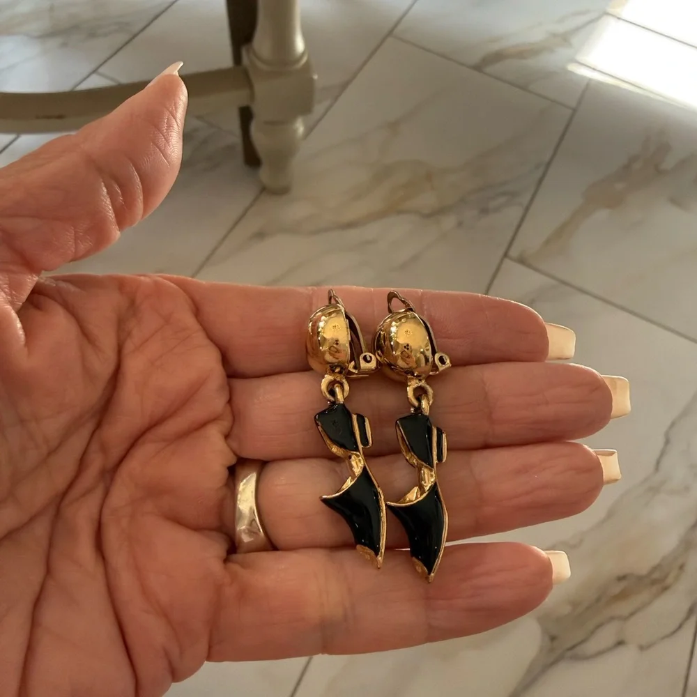 Vintage Salvatore Ferragamo Gold-Tone Earrings with Black Enamel Accents - Picture 3 of 4
